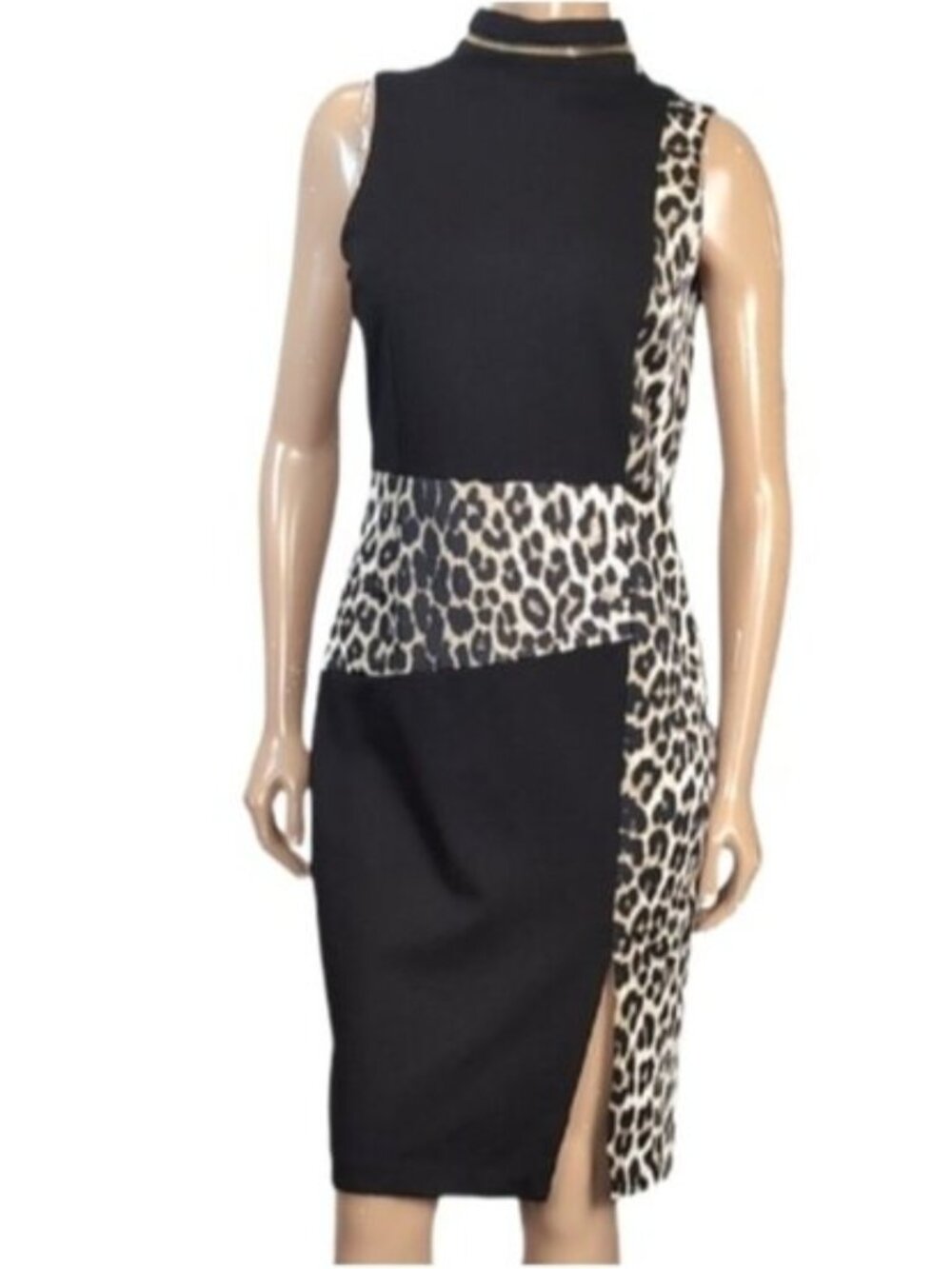 Vintage Cartise Leopard Black Dress Mock Neck Gold Zipper Sleeveless Sheath